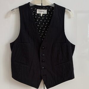 THE GREAT. Black Pinstripe Tailored Vest with Floral Lining